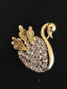 Coro Gold Swan Brooch with AB Rhinestone  - Women Jewelry